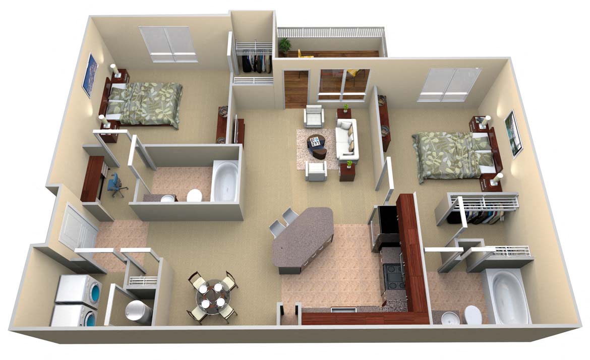 Floor plan for 2 beds, 2 baths, 1190 sqft